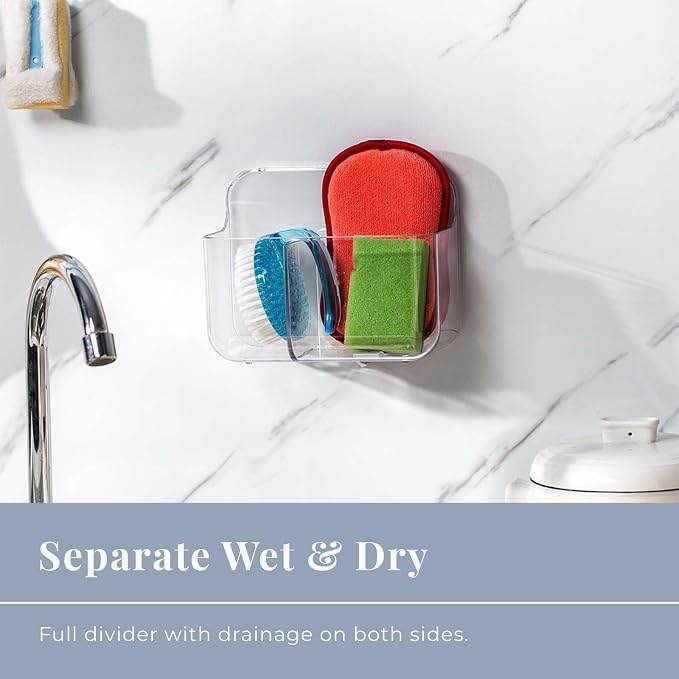 Adhesive Wall Organizer Bin, 2 Compartments, No-Drill, Clear | BPA-Free PET, Detachable, Divided Storage for Easy Sorting and Wet and Dry Separation, Drain Holes in Both Sections