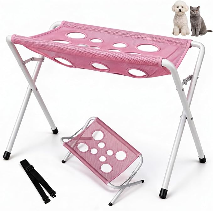 Pet Grooming Hammock for Dogs, Foldable Bath Stand (Pink) | Foldable pet bathing stand, 8-hole mesh sling, Small dogs and cats, Holds up to 44 lbs