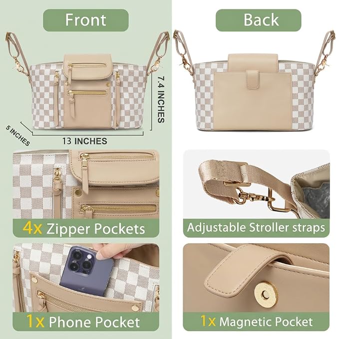 miss fong Checkered Stroller Caddy with Insulated Cup Holder Universal Stroller Organizer Bag Baby Storage Bag with Adjustable Strap, Fits for Baby Carriage like Uppababy, Baby Jogger, Umbrella