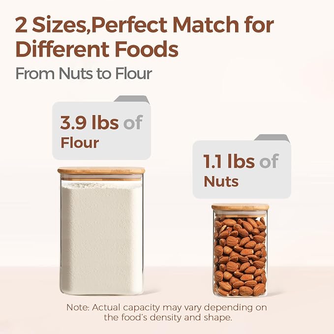 ComSaf Glass Storage Containers with Bamboo Lids 1.2/3.6 Qt 2 Pack | Pantry Organization, Flour Sugar Coffee Beans, Pasta Cereal Dry Food, Large Capacity, Cabinet Organization, Food Storage Jar