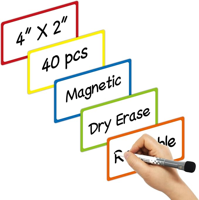 Colored Border Magnetic Dry Erase Labels 4x2 Inch, Reusable Magnetic Dry Erase Labels for Classroom Office Whiteboards，Pack of 40