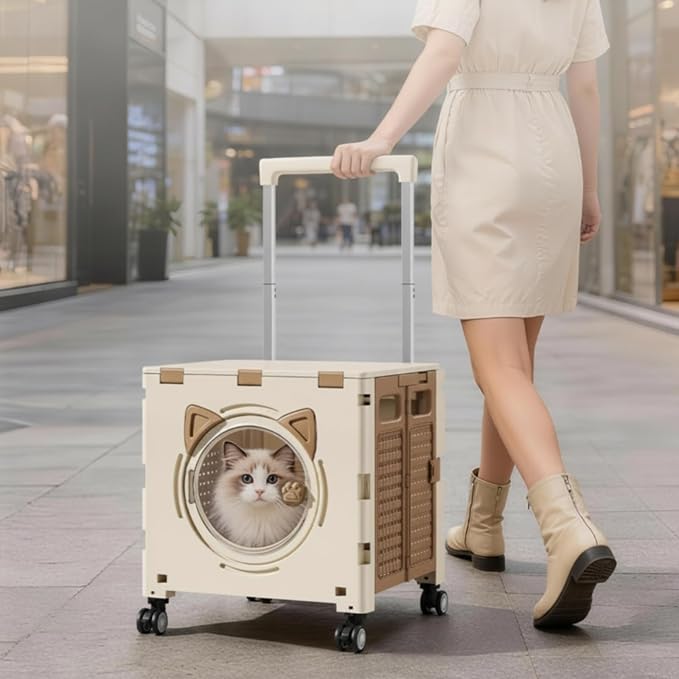 Almencla Outdoor Travel Cart Foldable Pet Trolley Carrier Crate with Adjustable Handle Heights and Smooth Casters with Front Transparent Window and Top Opening, Array, Khaki