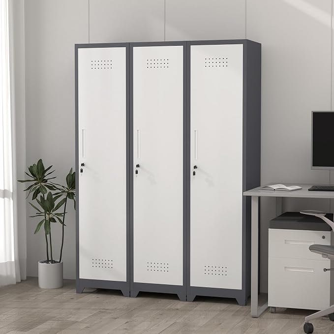 65" H Broom Closet Storage Cabinets, Utility Cabinet for Brooms and Mops, Steel Cleaning Tool Cabinet with Hanging Rod & S-Hooks for Bathroom, Garage, Laundry Room