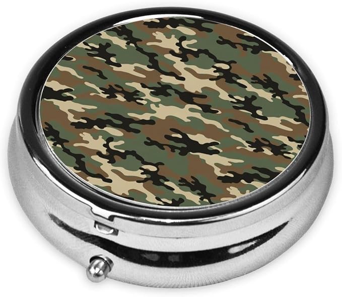 Pocket Medicine Case, Dark Brown Camouflage Round Small Organizer, Waterproof Pill Box for Vitamins, Travel Holder Purse Carry for Commute