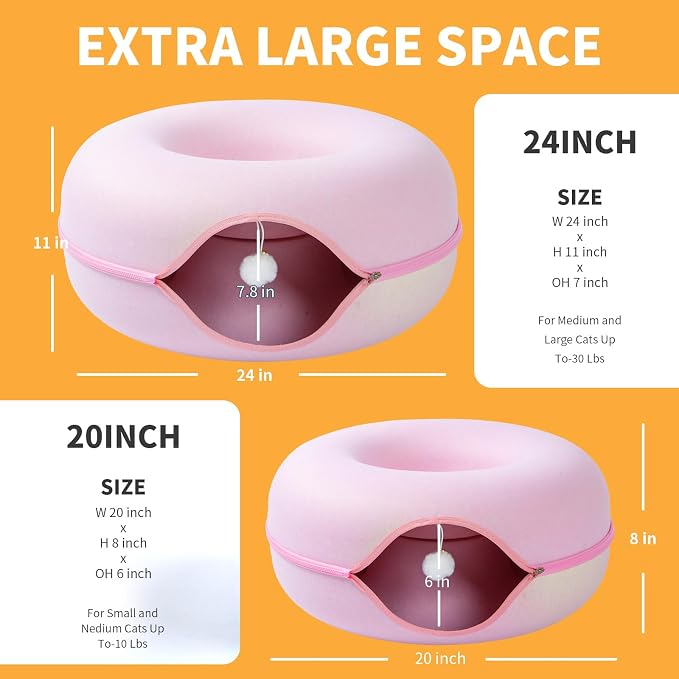 Peekaboo Cat Tunnel for Large Cats up to 30 lbs, Features A Jingle Ball, Removable and Washable Tunnel Bed, and a Cozy Donut Tunnel (Pink, 24 Inches)