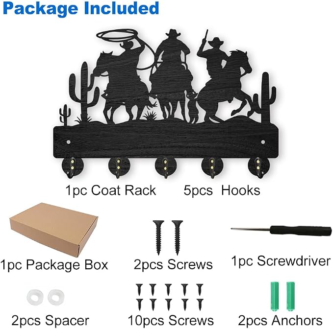MAYJOYDIY Cowboy Horse Cactus Coat Hooks Wall Mount 11.8×7.9inch Desert Decorative Hooks Rack Wall Art Decor Black Wooden Western Cowboy Key Holder for Wall 5 Alloy Hooks for Kitchen Entryway Gifts