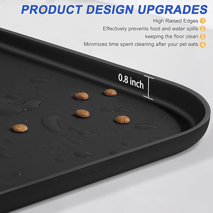 SMILOOL Silicone Pet Feeding Mat with Raised Edge for Food and Water, Dog Bowl Mats, Cat Bowls Placemat with High Lip for Floor Waterproof, Rubber Tray for Cats and Dogs 24 x 16 x0.8 Black
