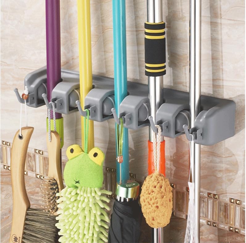 PP Plastic Multi-Function Broom & Mop Wall Mount Holder (16.93.352.36in, Gray) - Screw-Mounted Space Saver for Kitchen/Garage/Garden Tool Organization