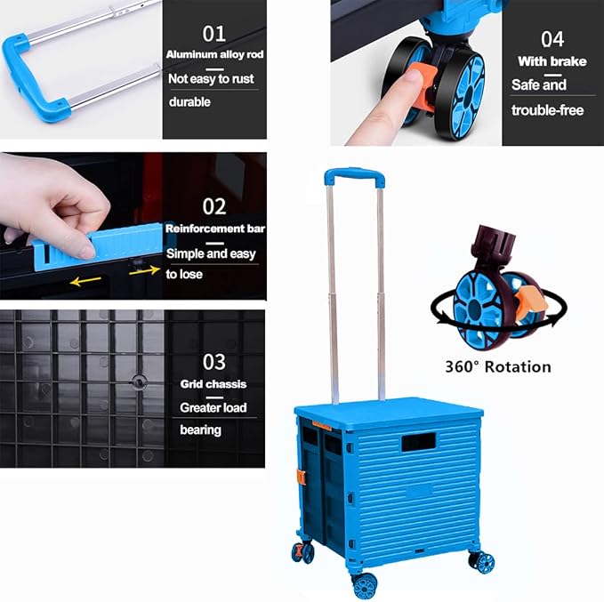 Foldable Utility Cart Folding Portable Rolling Crate Handcart Shopping Trolley Wheel Box with Lid Wear-Resistant Noiseless 360°Rotate Wheel for Travel Shopping Moving Storage Office Use (Sky Blue)