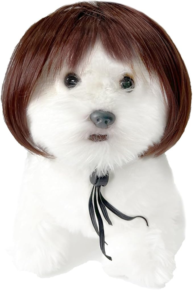 Cute Dog Wig for Small Dogs & Cat, Funny Pet Wigs Headband with Elastic Bands, 7 Inch Adjustable Dog Cat Costume Accessory for Halloween, Christmas & Cosplay (Coffee)