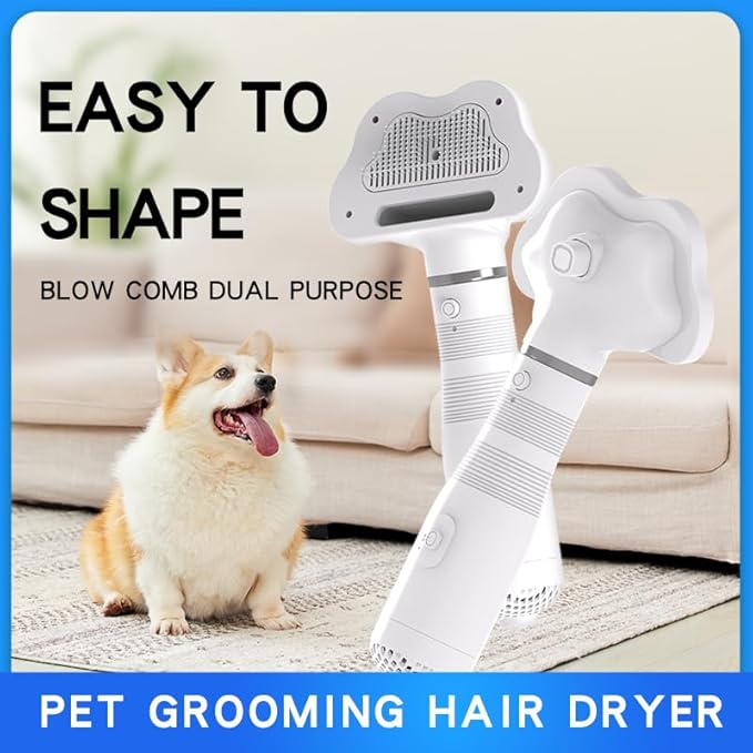 Dog Hair Dryer, 3-in-1 Cat Blow Dryer with Slicker Brush, 600W Pet Hair Dryer for Small and Medium-Sized Dogs and Cats, Dog Grooming Dryer Portable ＆ Adjustable Temperature,