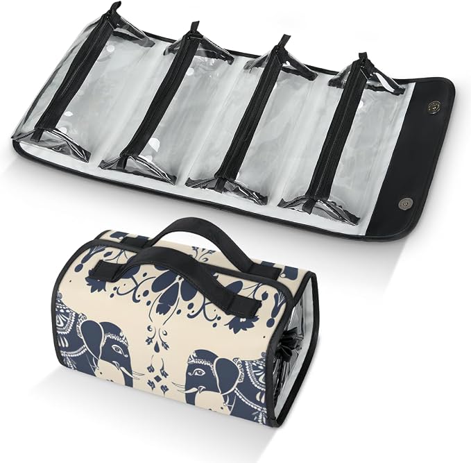 Elephant Makeup Bag for Women Hanging Roll-Up Travel Organizer Toiletry Kit with 4 Removable Compartments, Animal Print