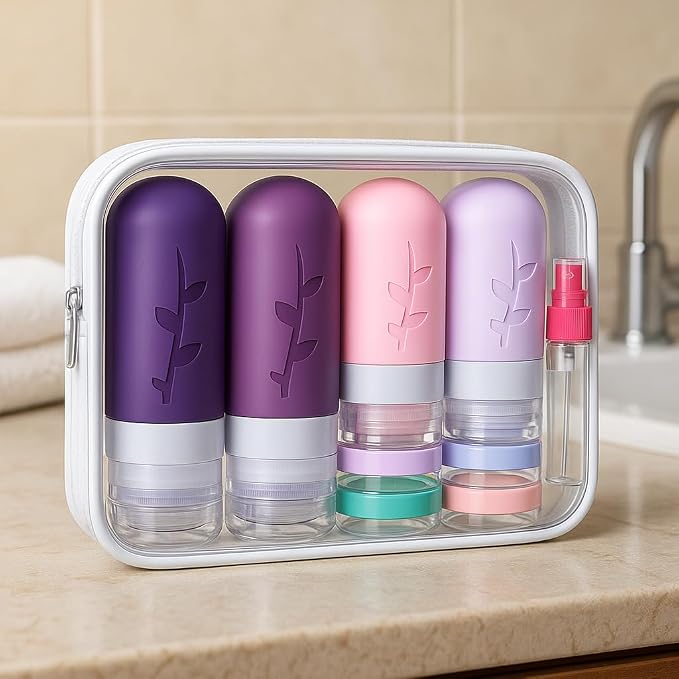 Tocelffe TSA Approved Travel Containers for Toiletries - Leak Proof Silicone Bottles, Refillable Liquid Travel Essentials for Shampoo, Conditioner, Lotion