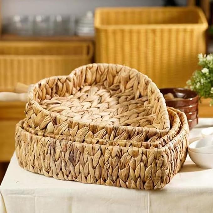 Set of 3 Heart Wicker Storage Baskets | Hand-Woven Natural Water Hyacinth Storage Baskets Stackable Pantry Organizers and Storage for Shelves Bathroom Kitchen