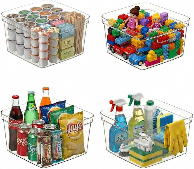 MOONEDGE 4-Pack 10x10x6 Clear Plastic Cube Storage Bins with Handles | Acrylic hard square organizer containers for closet,pantry,fridge,kitchen,bathroom,laundry,under-sink,cabinet organization
