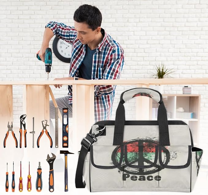 Peace Sign Heavy Duty Tool Bag 14.8 Inch Peace Symbol Portable Soft Tool Box Organizer Storage with Adjustable Shoulder Strap