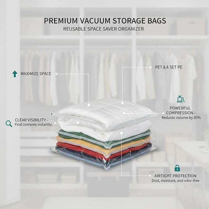 Vacuum Storage Bags for Clothes and Bedding, Clear Space Saver Bags with Valve, Reusable Compression Organizer (1 Pack)