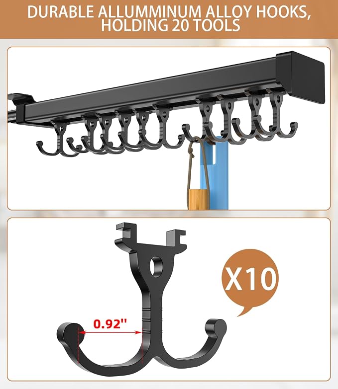 Pull Out Broom Holder With Adjustable Double Row Sliding Hook-Black 22in | High Load Capacity, Multifunctional Slide Broom And Mop Storage/Garage Organization Hooks, for Closet Laundry, kitchens