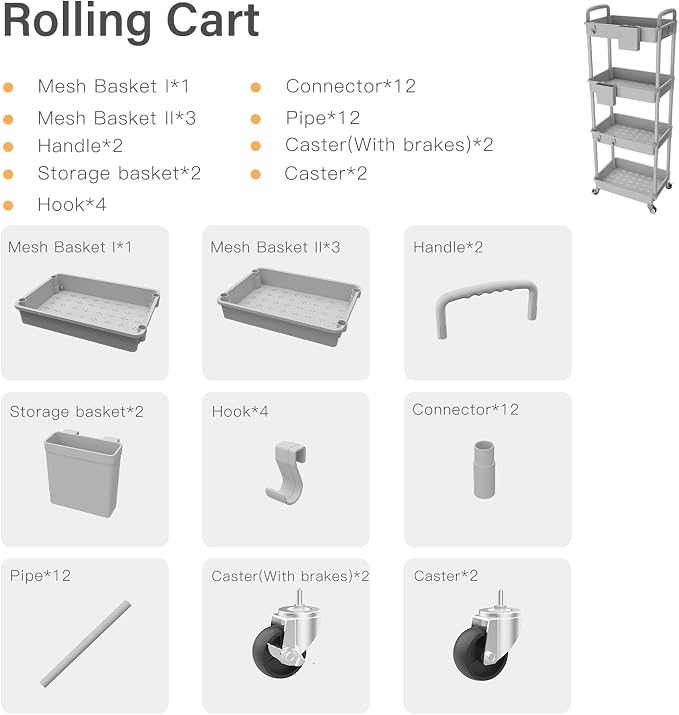 4 Tier Rolling Utility Cart with Handle,REBECAT Utility Cart Made of Multifunctional Storage Organizer Tool for Kitchen,Bathroom,Living Room,Office(Gray)
