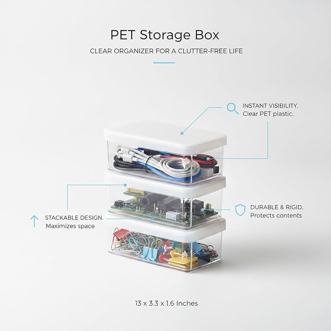 Stackable PET Storage Box, Rigid Clear Organizer for Cables & Small Items, Durable Transparent Container, 13 x 3.3 x 1.6 Inches