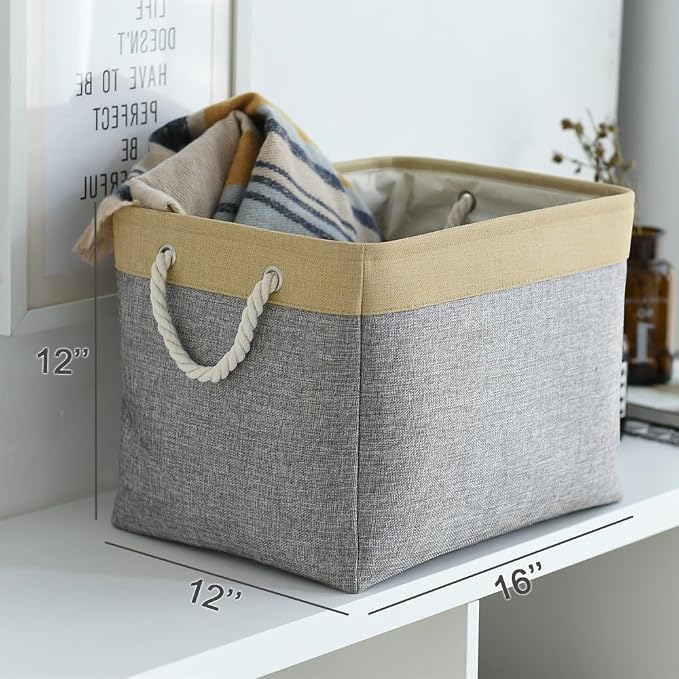Storage Basket for Organizing - Fabric Large Cubes 3 Pack 16x12x12 inch Baskets, Cube Storage Bin for Shelves Organizer Closet Cloth Gift Toy (Gold & Grey)