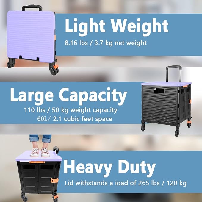 FELICON SELORSS Foldable Utility Cart Folding Portable Rolling Crate-Purple | Heavy Duty,Telescoping Handle,4 Rotate Wheels,Collapsible Handcart for Travel Shop Move Luggage Laundry Teacher Office Use