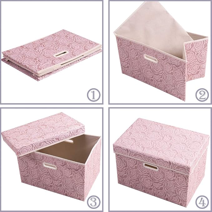 Larger Collapsible Storage Bin with Lid [1-Pack] Fabric Decorative Storage Box Cube Organizer Container Baskes with Handles Divider for Bedroom Closet Living Room Pink 17.7x11.8x11.8 Inch