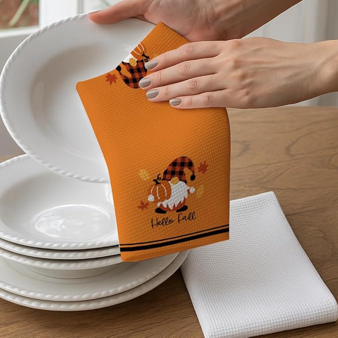 Thanksgiving Pumpkin Gnome Kitchen Fall Towel Gifts for Women,Hello Fall Tea Towel Baking Cooking Drying Cloth for Kitchen,Flour Sack Dish Towels,Farmehouse Decoration for Thanksgiving,Holiday