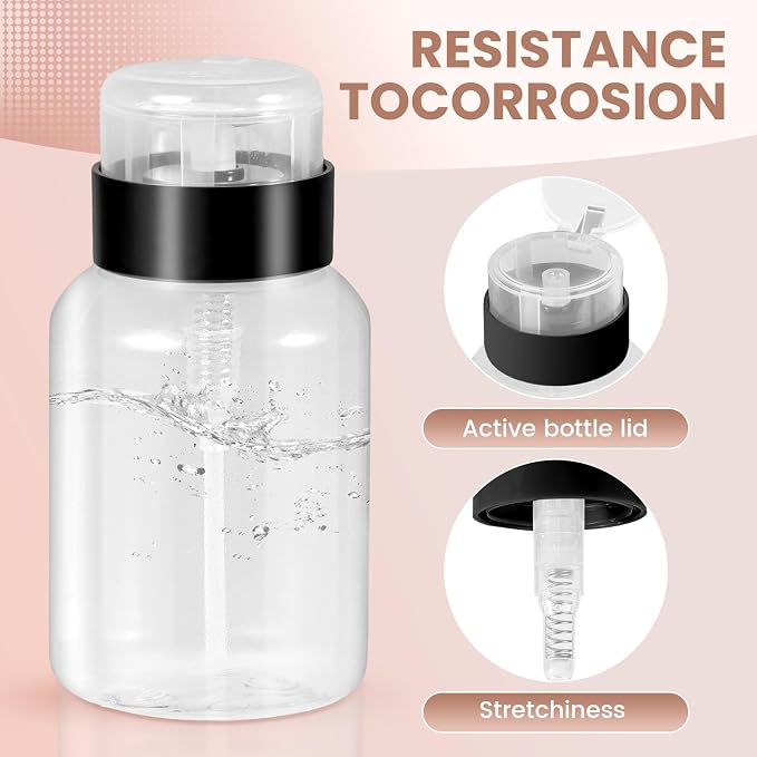 Nail Polish Remover Pump Dispenser, 2 Pack Acetone Safe ABS Bottle with Lockable Flip Cap - 200ml (6.8oz) Empty Push Down Container for Alcohol, Toner & Makeup Remover