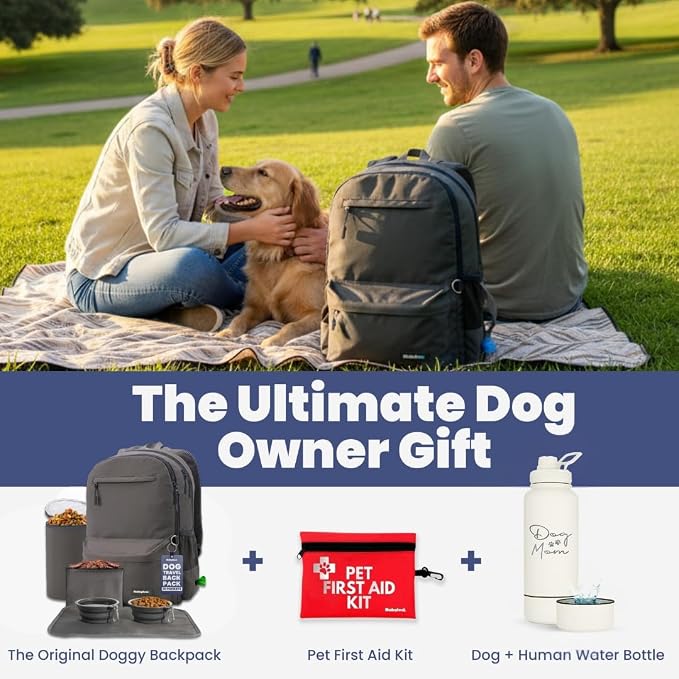 Dog Travel Backpack for Supplies - Dog Diaper Bag with Travel Bowls | 2 BPA-Free Bowls; Food Container & Treat Pouch; Placemat; Laptop Sleeve; Poop Bag Dispenser, Hiking, Camping & Road Trips,