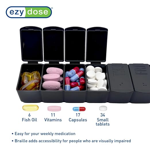Ezy Dose Weekly (7-Day) Pill Organizer, Large Medicine Planner, Black | Compact Daily Vitamin & Supplement Medicine Case, Pop Up Compartments, Embossed Matte Design, Travel-Friendly, BPA-Free