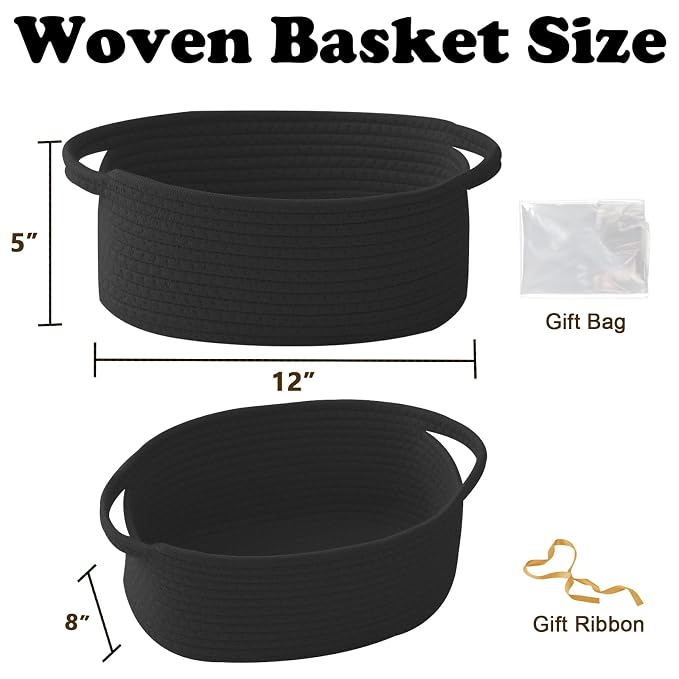 Black Woven Rope Basket - Baby Gift Basket with Bag & Ribbon | Cotton rope with handle, 12x8x5 in, gift bag and ribbon, for baby shower, birthday, toy storage, nursery, shelf decor