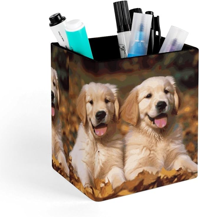 Golden Retriever Dogs Puppies Pets Square Leather Pen Holder Desk Organizer | Pencil Holder Makeup Brush Holder Storage Box for Office Home Supplies, Gift for Teacher Colleague 4.3*3*3.5 In