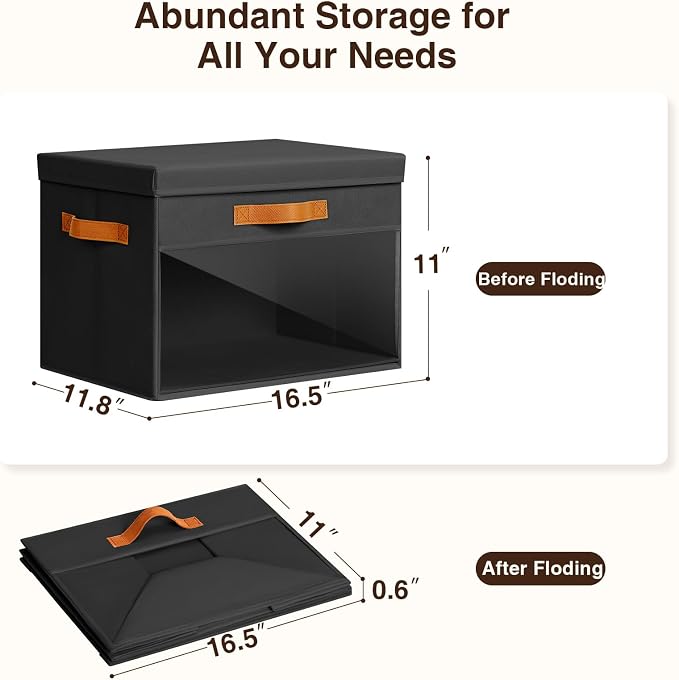 Large Storage Bins with Lids - 6 Pack Foldable Decorative Organizers with Clear Windows & Handles, Cube Storage Organizers for Clothes, Blankets, Sweaters, CD, Black