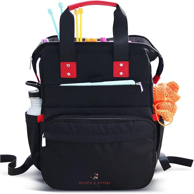 Hearth & Harbor Crochet Backpack, Crochet Bag Organizer, Canvas Knitting Bag, Yarn Organizer for Crochet Accessories and Supplies, Travel Yarn Bag with USB Charging Port, Yarn Storage Organizer