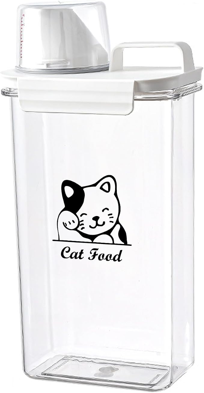 Cat Food Storage Container Small |3lb/2.5 L Clear Plastic Cat Food Treats Container Airtight with Measuring Cup|Portable Pet Food Containers Ideal for Travel| Easy Pour|BPA Free