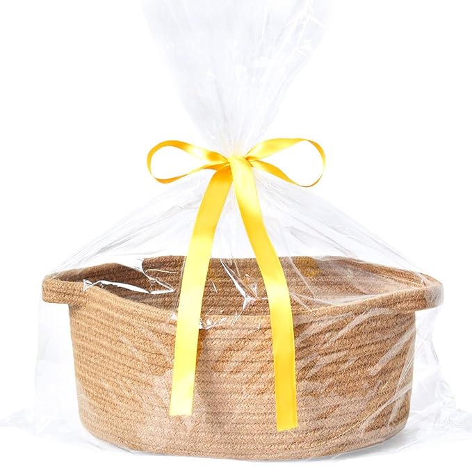ABenkle Small Basket Empty Gift Basket, Decorative Boho Rope Woven Nursery Storage Organizer Dog Toy Baskets for Baby Showers Christmas Easter with Gift Bags and Ribbons, 12"X 8" X 5"
