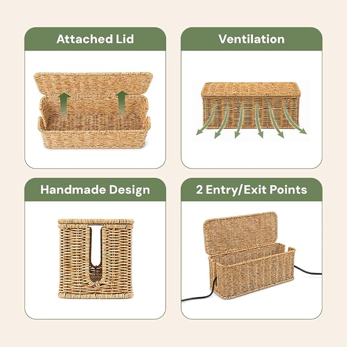 Cable Management Box, Handmade Rattan Cord Organizer for Power Strip | Open Slots Cord Hider for Power Strip, Router & USB Hub, Registered U.S. Design Patent