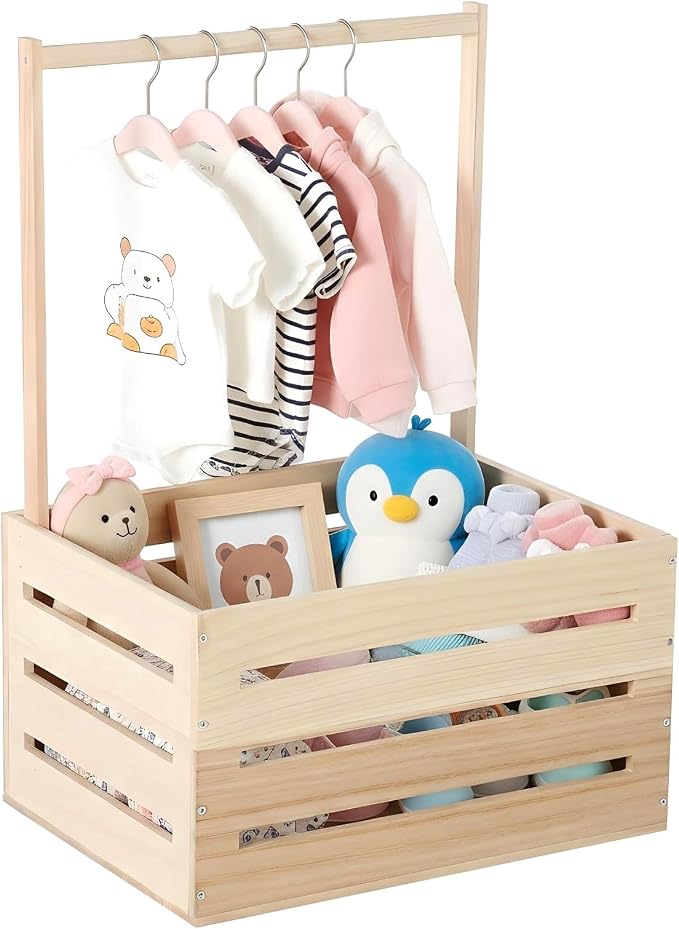 Wooden Baby Shower Crate Closet, Wooden Crate Basket with Handle Baby Gift Basket New Born Welcome Gift Hamper for Boys & Girls Welcome Babies Gifts for New Parents