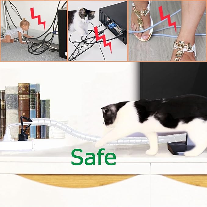 Large Cable Management White Computer Wire Sleeve Organizer Coiled Under Desk Tubes 2 PCS, 1.1 inch -5 ft EZ Spiral Cable Bundler Cover for TV Office, Pet Chew and Bite Proof Cable Protector