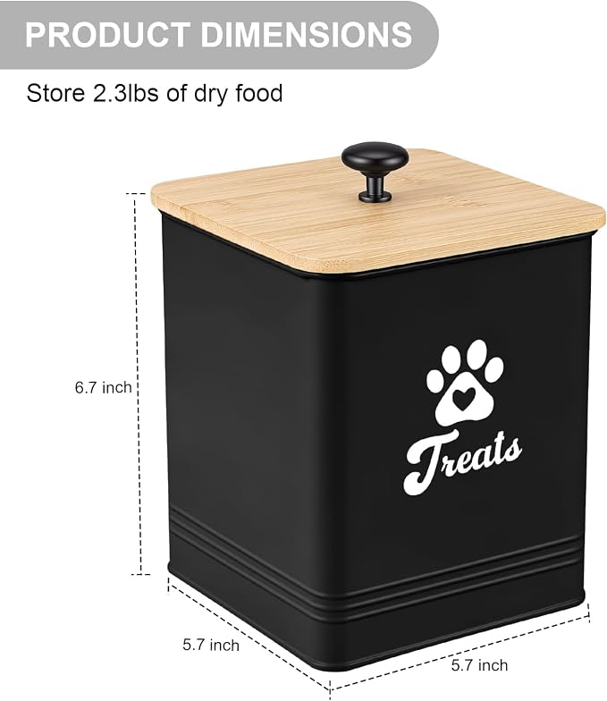 Dog Treat Container Airtight, 5.7" W x 6.7" H Iron Pet Treat Jar with Bamboo Lid, 12 Cup Food Storage Canister for Kitchen Counter, Decorative Pet Cookie Jar for Dog Snacks Kibble,Black