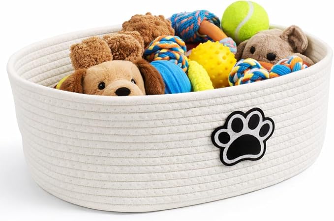 Woven Basket,Dog Toys Basket with Handle,Cute Cotton Gift Baskets Empty for Puppy Leash,Blanket Food, Accessories Pet and Household Storing