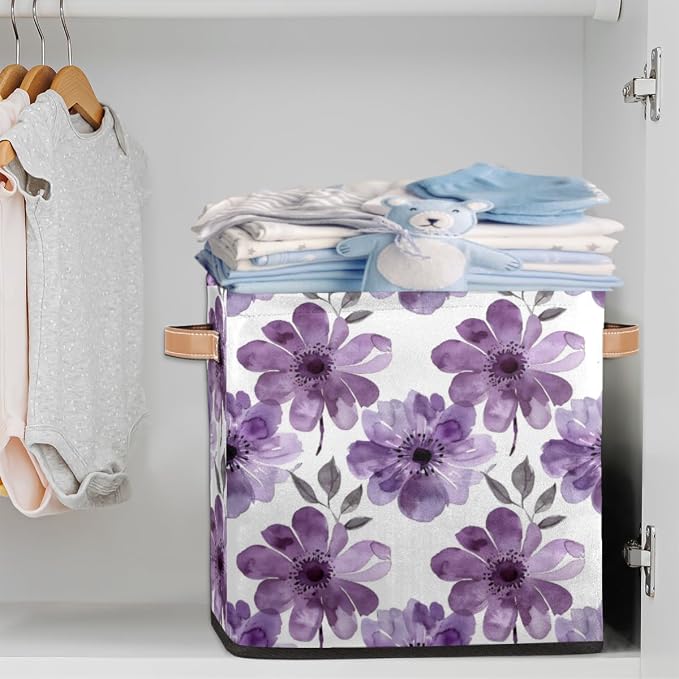 Purple Floral Cube Storage Bin, 13 Inch Collapsible Fabric Storage Cubes Bin, Watercolor Flower Leaves Wildflower Foldable Cube Baskets for Shelf, Closet, Organizer
