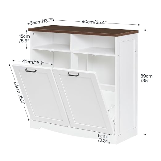 HOOBRO Double Tilt Out Trash Can Cabinet, 20 Gallon Kitchen Trash Bin Cabinet, Hidden Trash Storage with Open Compartments, Hidden Laundry Hamper, for Kitchen, Laundry, White and Walnut WH04LJ01