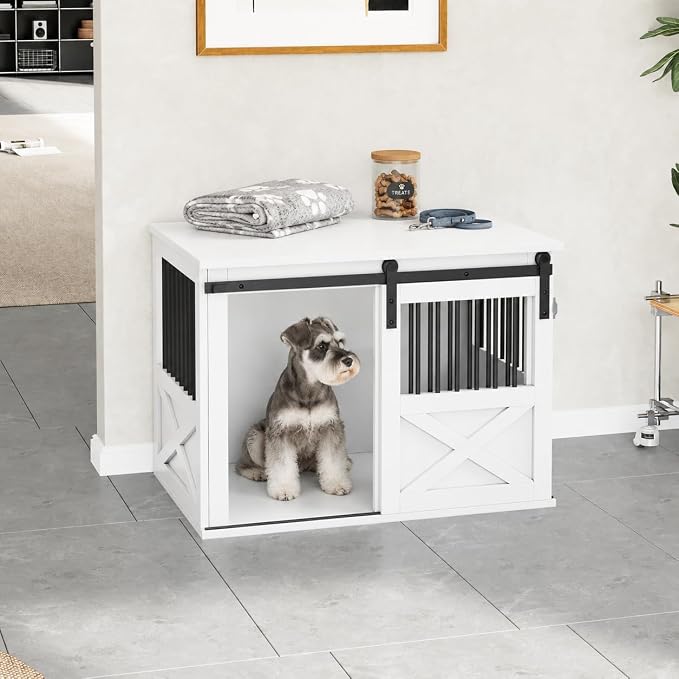 36" Wooden Dog Crate Furniture,Big Kennel Pet Cage End Table for Indoor | for Large Medium Dogs, White, Fits Living Room Bedroom, Heavy Duty Steel Frame,Sliding Barn Door,60 lbs Cap, 100 lbs Top.