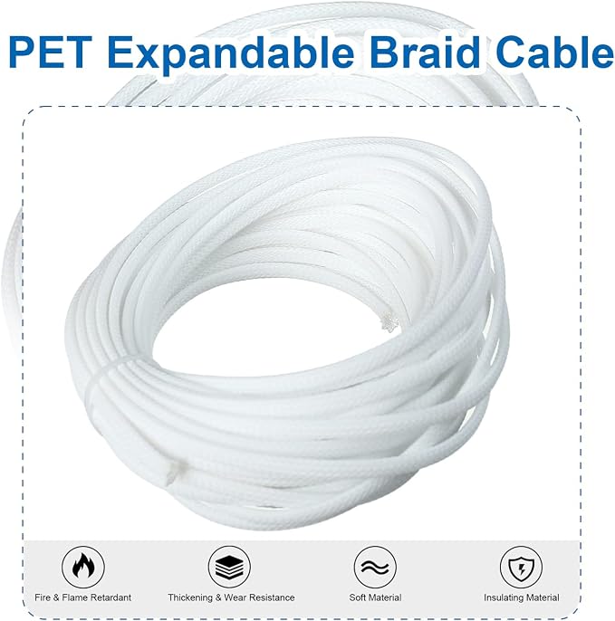 Heyiarbeit 10m/32.8ft PET Expandable Braid Cable Sleeving Flexible Wire Mesh Sleeve White 4mm