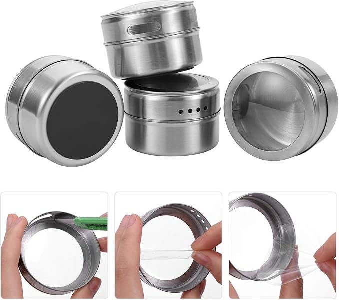 12 Magnetic Spice Jar Containers Spice Tins - Wall Mounted Stainless Steel Base - Easy to Install