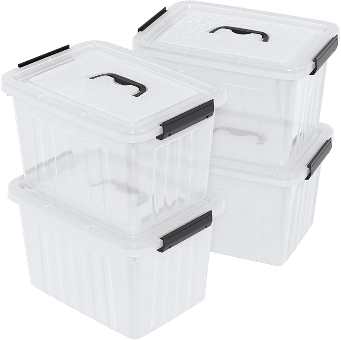 18 Quart Clear Plastic Latching Storage Box with Handle, 4-Pack | Stackable Plastic Organization Container Bins with Lids