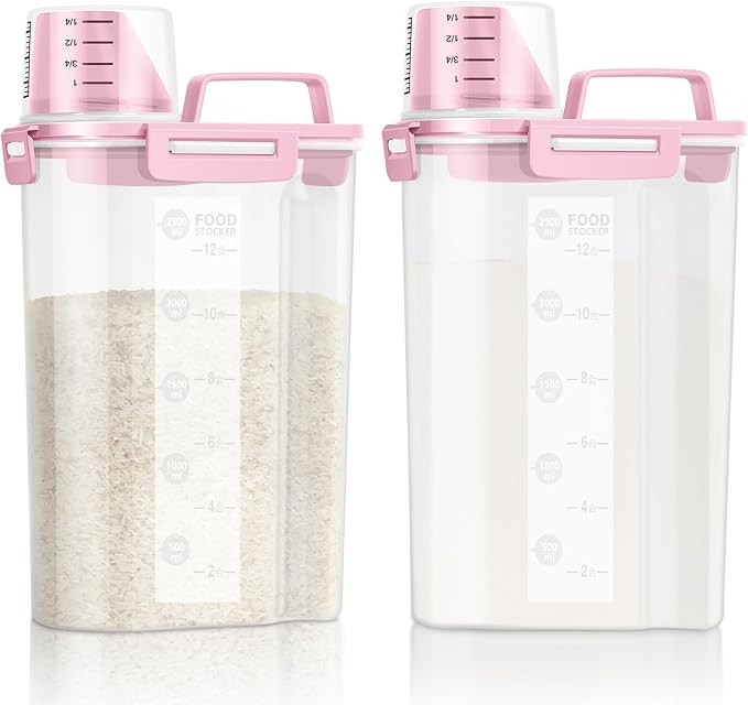 LEAWALK Airtight Rice Storage Container, 3.28Qt Cereal Dry Food Flour and Sugar Bin, Dog Cat Food Dispenser with Measuring Cup, BPA Free Clear Plastic Kitchen and Pantry Organization Bin-Pink 2Pack