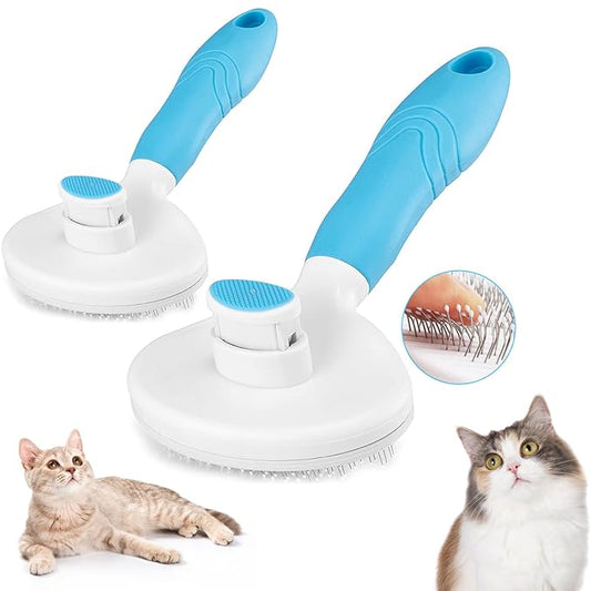 Self Cleaning Slicker Brush - Cat Brush Skin-Friendly Deshedding Grooming Massaging Tool for Long & Short Haired Pets, Cat Hair Brushes Removes Undercoat for Dogs Cats Rabbits-UPGRADED (2Pack Blue)
